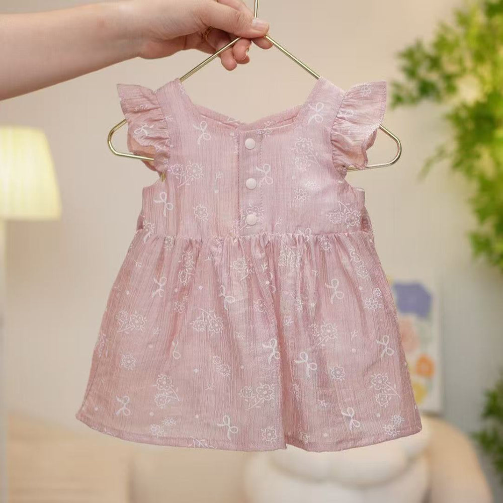 New girls' lace-trimmed round neck flutter sleeve summer floral print smocked waist a-line sweet princess dress romper