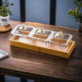 [3-compartment fruit plate with lid and gold rim] + wooden plate, thickened plastic
