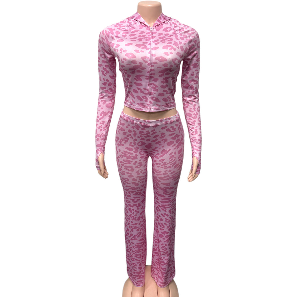 Cross-border European and American style 2025 new women's clothing fashion printed hooded zipper cardigan slim casual trousers two-piece set