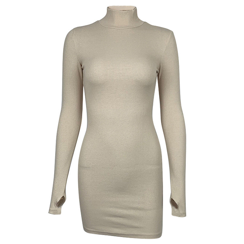 2025  spring new women's clothing European and American sexy tight and thin hip skirt threaded long-sleeved turtleneck dress