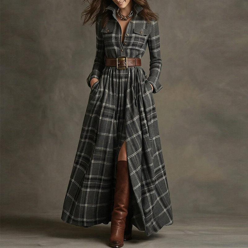 cross-border e-commerce european and american women's clothing: new summer collection - fashionable, casual, and elegant plaid notch collar slim-fit dress