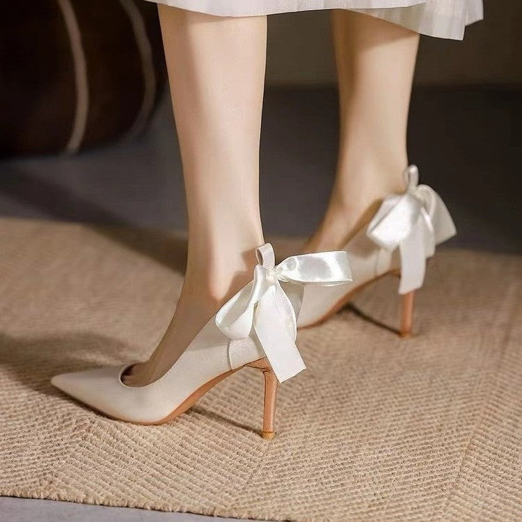 French white high heels women's stiletto wedding shoes with skirt satin wedding shoes bows elegancespring & fall pointed toe flats