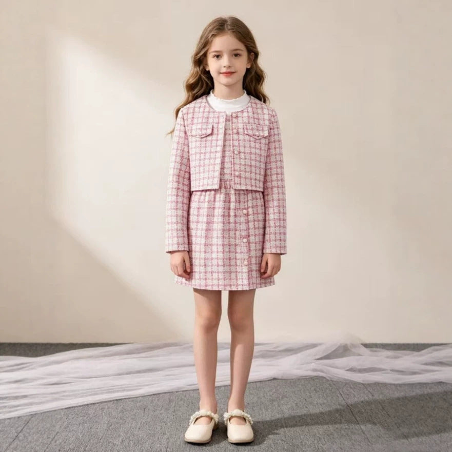 european and american girls' outfit: long-sleeved chanel-style jacket + solid color vest + plaid midi skirt three-piece set