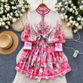 French spring new arrivaldress women's strap waist stand collar lantern sleeve single breasted waist ruffles printing skirt