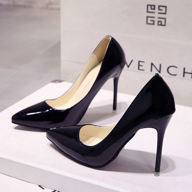 European style nude stiletto heels pointed toe black work pumps women's patent leather blue plus size shoes red wedding shoes