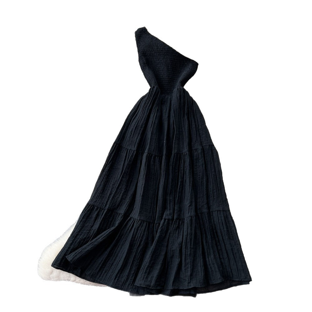 Accessible luxury socialite style sleeveless slanted shoulder silmdress women's summer pleated waist slimming look a-line skirtelegant dress