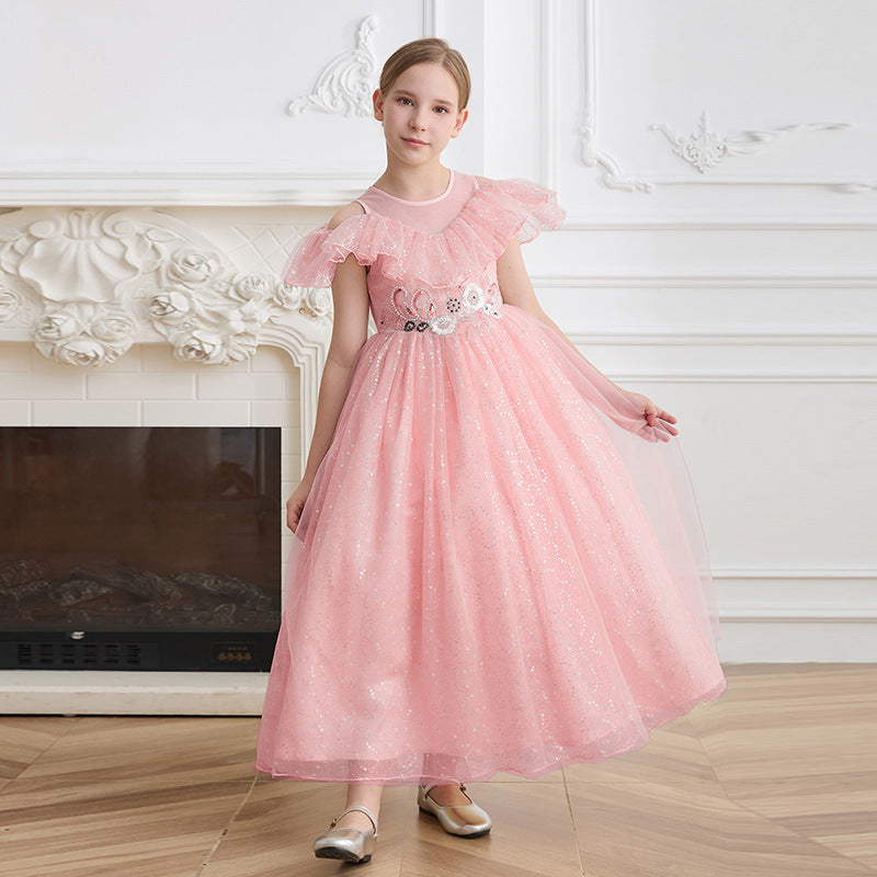 Custom-made tulle dress for girls, european and american style, off-the-shoulder princess dress, elegant long dress for children's birthdays, high-end dress for little girls