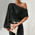 european and american women's clothing  fall/winter elegant one-shoulder long sleeve sexy off-the-shoulder loose fit asymmetrical neckline designer top