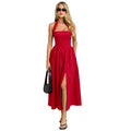 Frenchretrohaltertie backdress women's backless waist large slit red atmosphere vacation mid length skirt