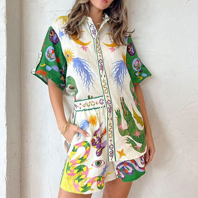 summer new women's fashion casual set - vacation-ready printed shirt and tie-waist shorts outfit