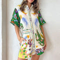 summer new women's fashion casual set - vacation-ready printed shirt and tie-waist shorts outfit