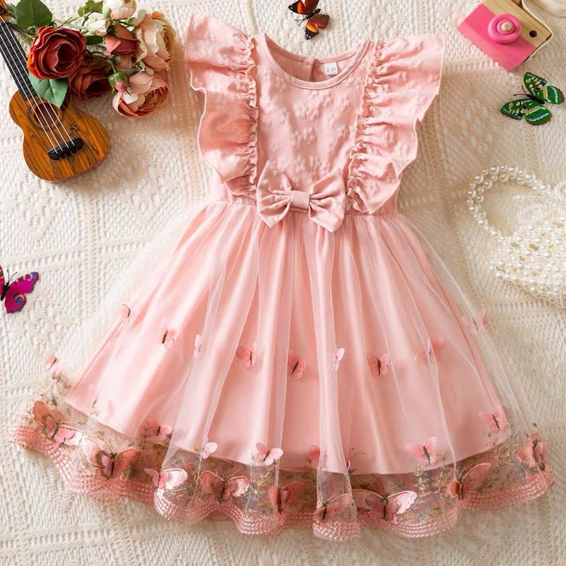 new girls' sleeveless dress - sweet bowknot mesh a-line dress for toddlers and young children - european and american style