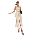 Wholesale cross-border e-commerce:  autumn new arrivals - women's sleeveless, single-breasted, notch lapel, high-waisted casual dress