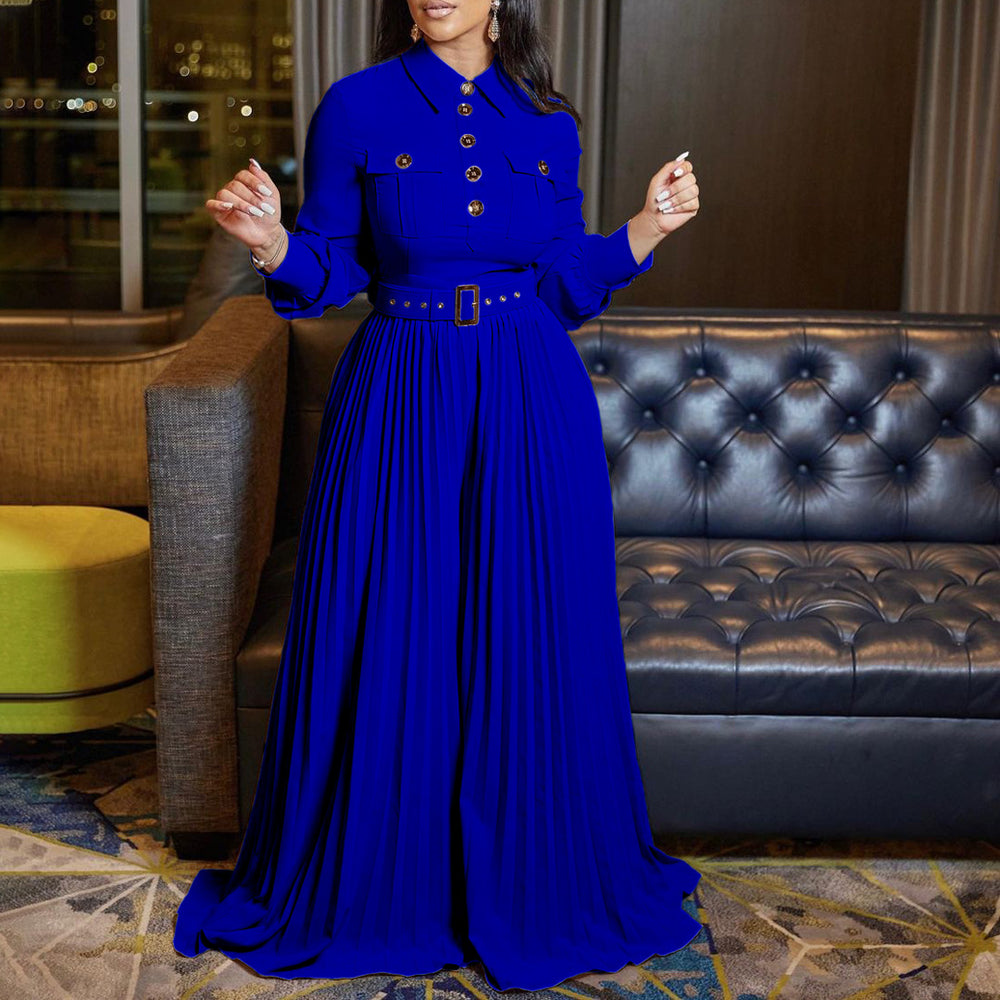 C8504 belted european and american style women's  spring/summer new long-sleeve casual loose pleated wide-leg jumpsuit - export quality