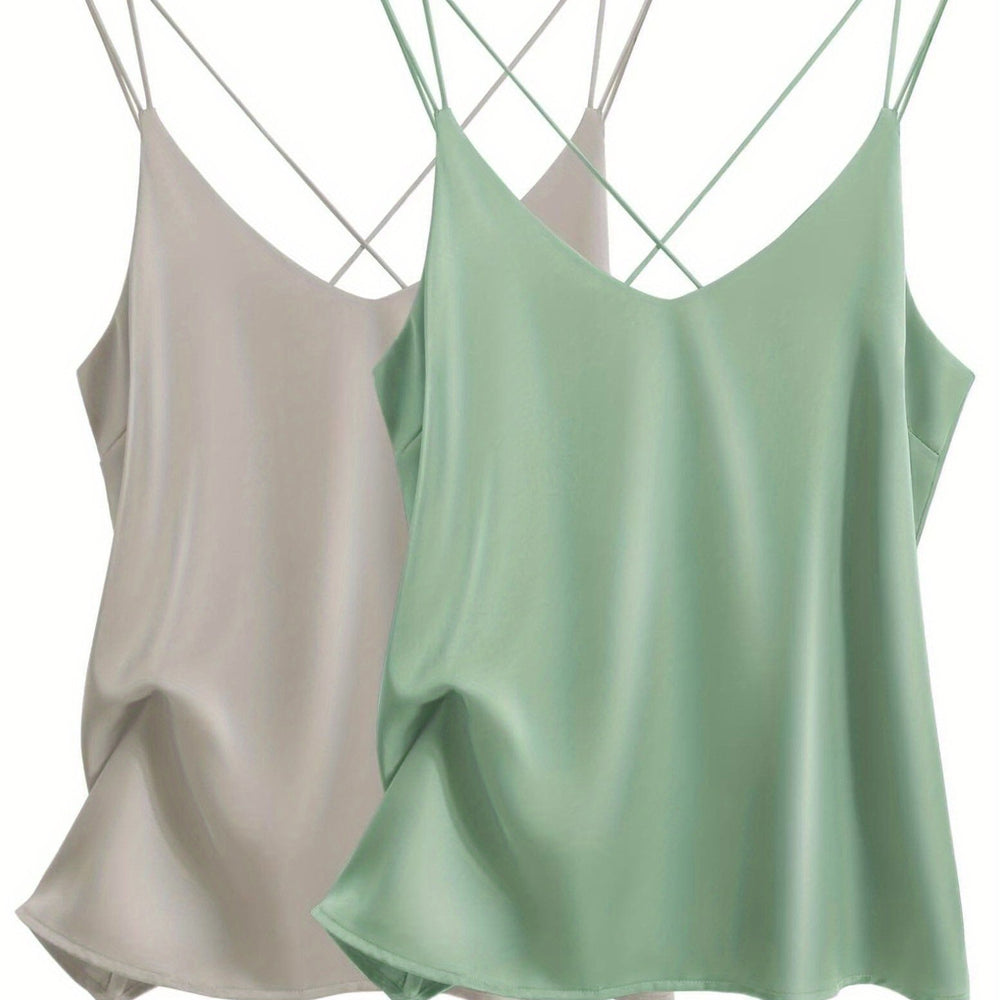 2 pack women's satin camisole v neck cross back sleeves