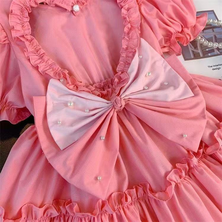 Girls'  tiktok new summer fashionable solid color princess dress with puff sleeves, hollow-out heart design, and bow detail