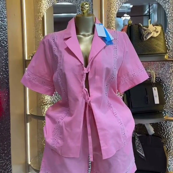 European and american cross-border women's fashion:  summer new collection - stylish cutout tie-up short sleeve shirt & wide leg shorts casual set