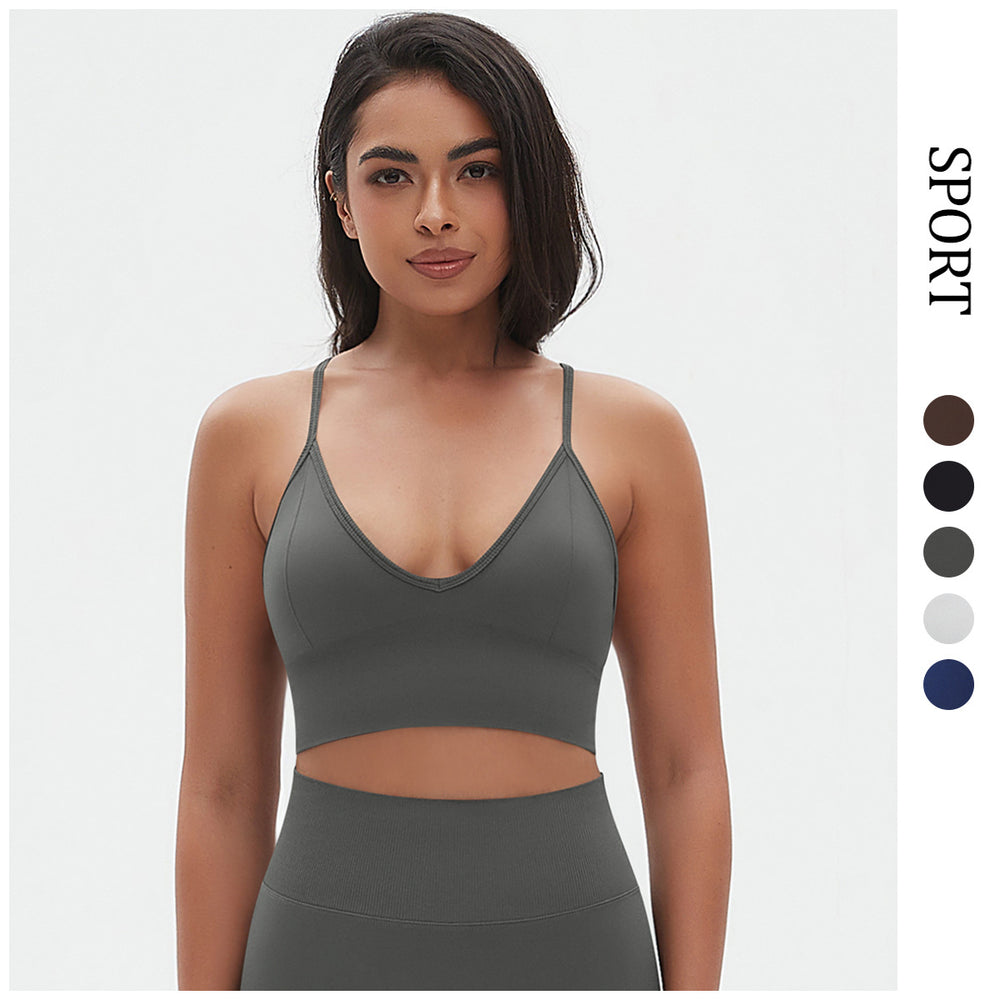 European and american seamless solid color v-neck camisole bra sports bra backless top breathable sweat-wicking yoga top fitness tank top for women