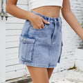 export women's summer   new washed american retro denim cargo pocket mini skirt