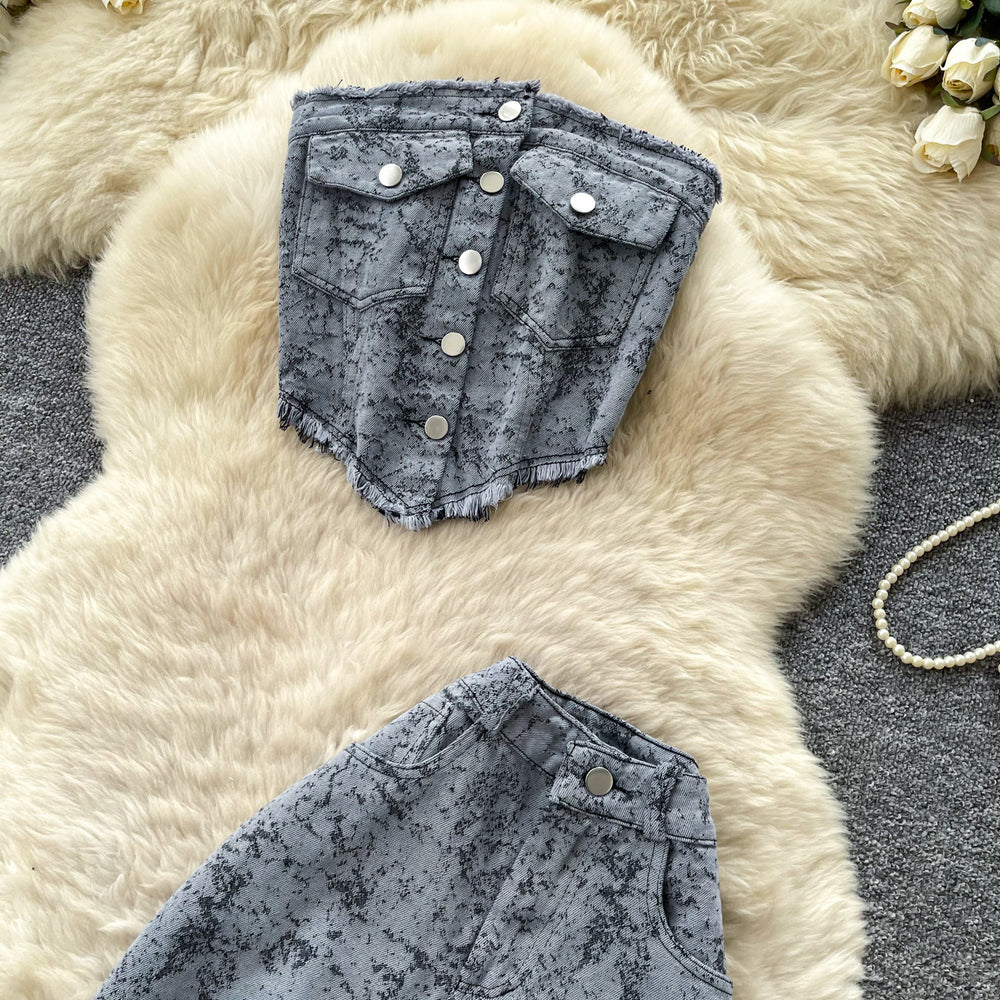 Lightly mature elegant style tube top vest high waistloose pantstwo-piece set women's summer ripped distressed pantsslimming looksuit