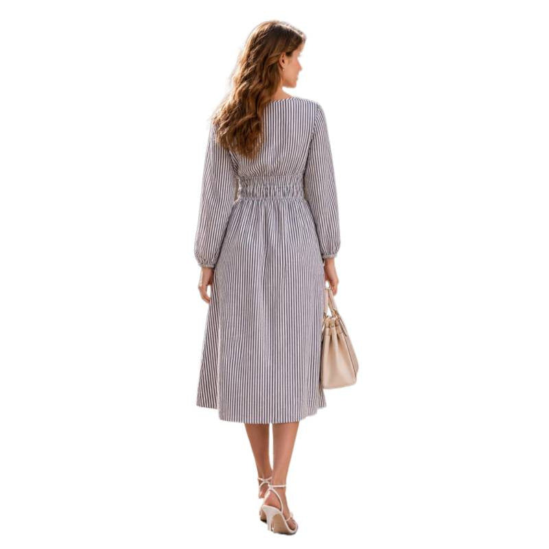 hot girl style  autumn casual flowy striped v-neck midi a-line dress