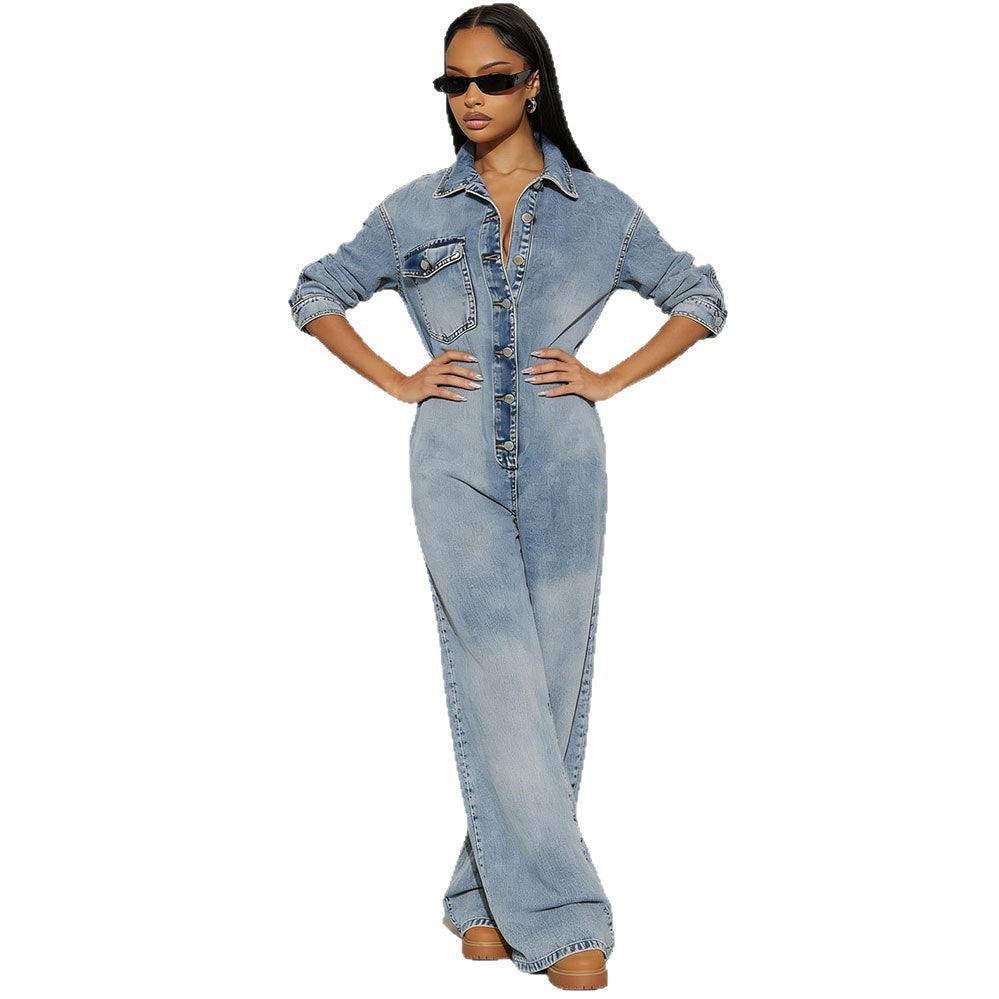 European and american cross-border women's fashion:  women's denim jumpsuit,  new arrival, button-front long sleeve romper