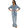 European and american cross-border women's fashion:  women's denim jumpsuit,  new arrival, button-front long sleeve romper