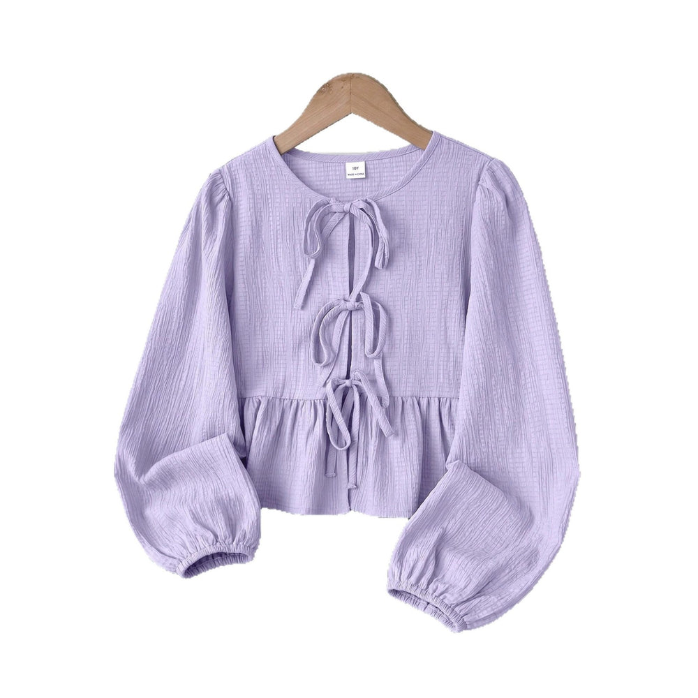european and american women's clothing, new trendy, fashionable, sweet, casual, tie-up, round neck, puff sleeve, long-sleeved shirt
