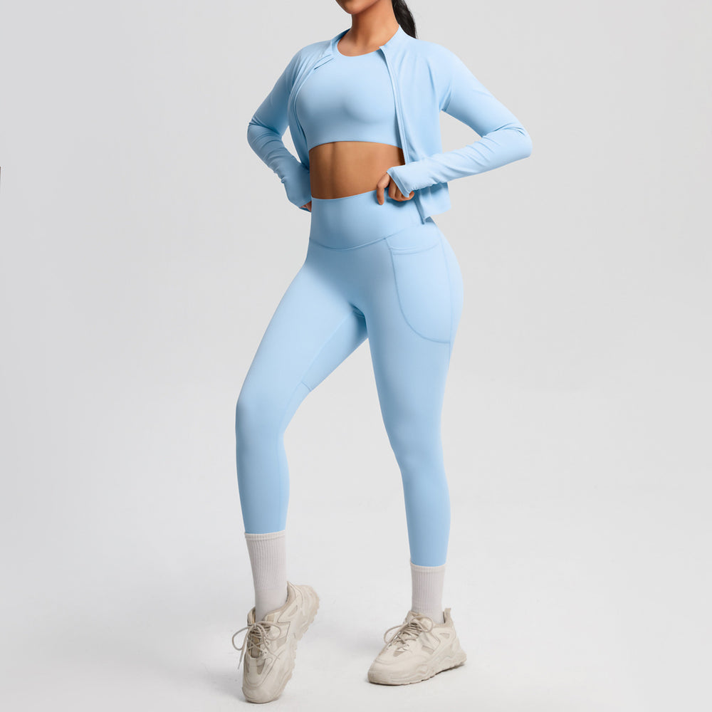 European and american cloud-feel yoga short sleeve top, high-waisted leggings, slimming butt-lifting running fitness apparel, three-piece activewear yoga set