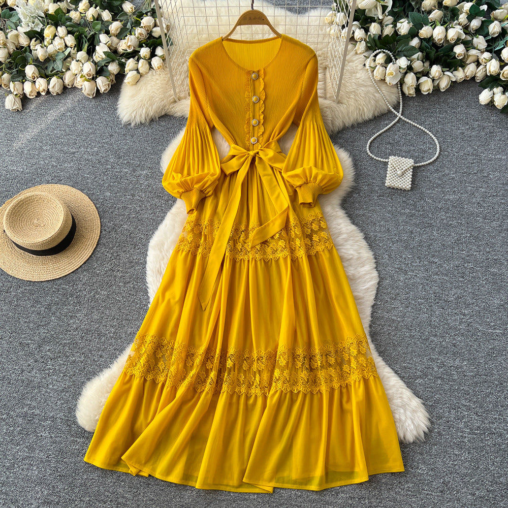 Exportlacepatchworkcut out pleated dress women's long sleeveshigh waista-line skirt large swing high elasticity long skirt