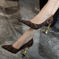 Forest style horseshoe gold and leopard print flats silks and satins flats women's pointed toe thick heel hot girl style sexy high heels