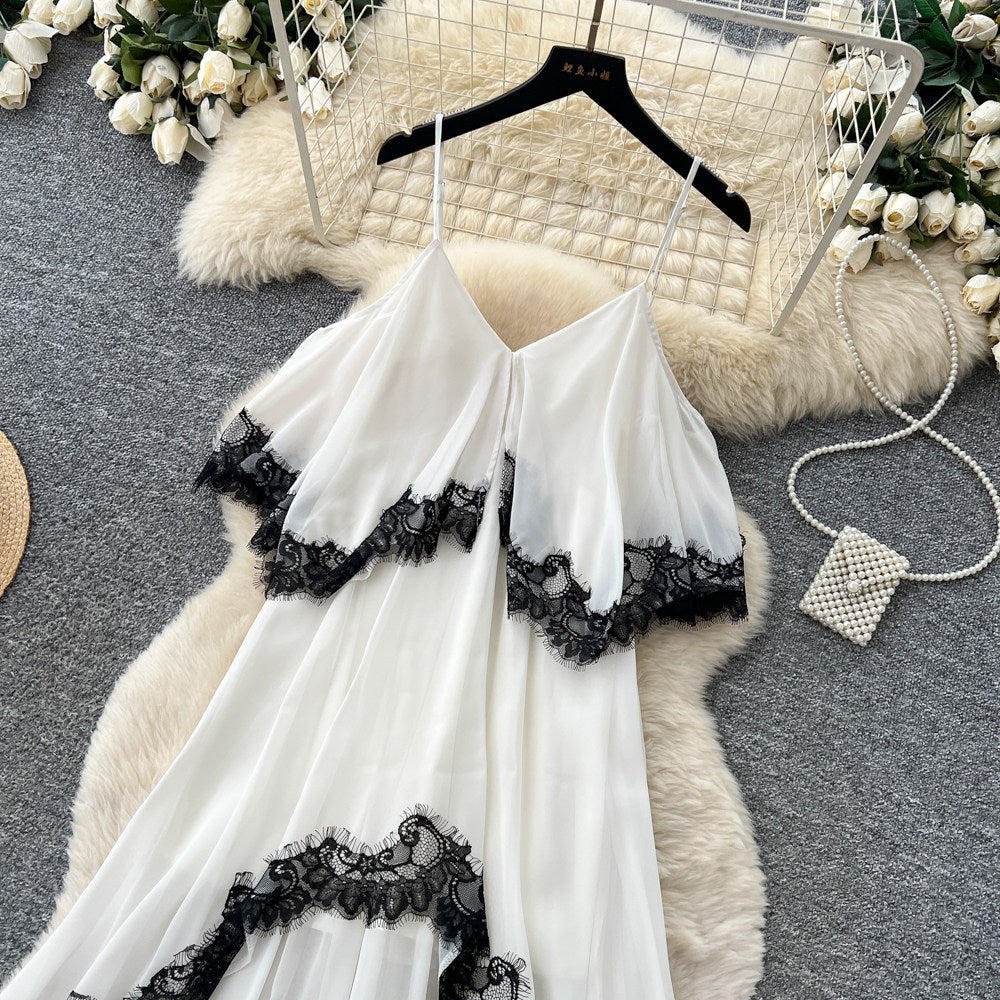 Vacation style lacepatchwork suspender dress female summerk-stylev neckasymmetrical fairy elegant long skirt slimming look