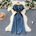 Vintage chic denim dress for women -  summer collection: high-end, heavily embellished with rhinestone embroidery, cinched waist, v-neck, short sleeve maxi dress