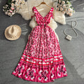 Frenchretrotie back suspender dresssummer women's sense of designniche style waist slimming look large swing floral long skirt