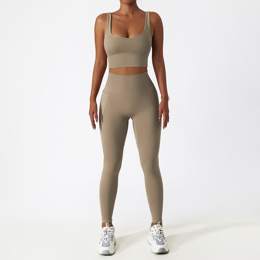 breathable quick-drying tight-fitting yoga clothes flap pocket pants running sports suit diagonal shoulder naked fitness suit6425