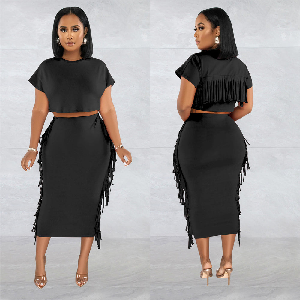 X6331 cross-border   fashion women's solid color tassel crew neck short sleeve maxi dress two-piece set