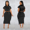 X6331 cross-border   fashion women's solid color tassel crew neck short sleeve maxi dress two-piece set