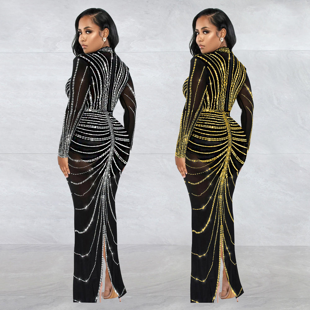 C7141 cross-border   fashion women's sexy long sleeve back slit rhinestone dress new