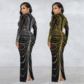 C7141 cross-border   fashion women's sexy long sleeve back slit rhinestone dress new