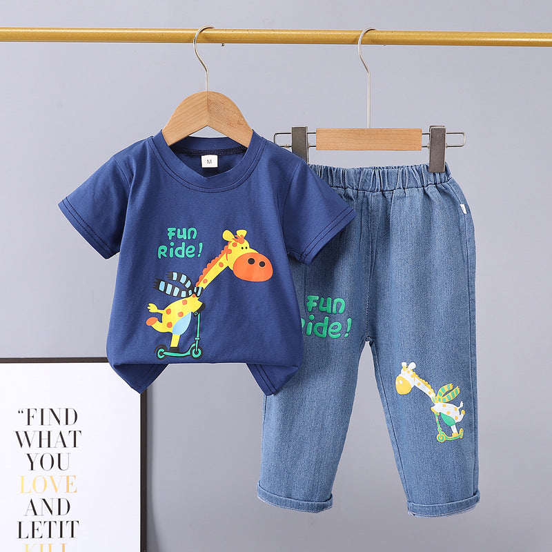 Kids' summer casual outfit: cartoon giraffe print t-shirt + denim shorts two-piece set - wholesale