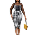 D223: plus size fashionable printed patchwork mesh office dress with belt - european & american style, perfect for cross-border e-commerce