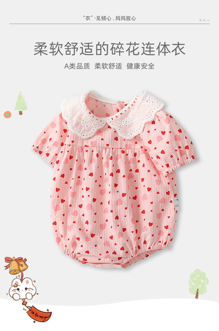 Newborn baby girl's lightweight summer romper - floral print, pure cotton, short-sleeve, snap-crotch bodysuit