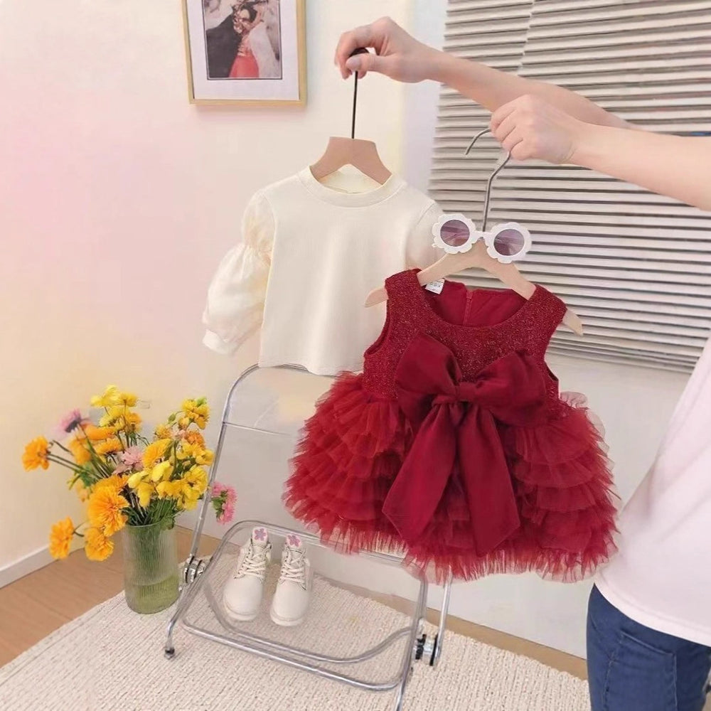 【dropshipping】girls' winter fleece-lined two-piece set,  new stylish children's first birthday baby dress, red