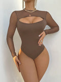 Amazon  autumn new european and american cross-border sexy mesh patchwork solid color bodysuit