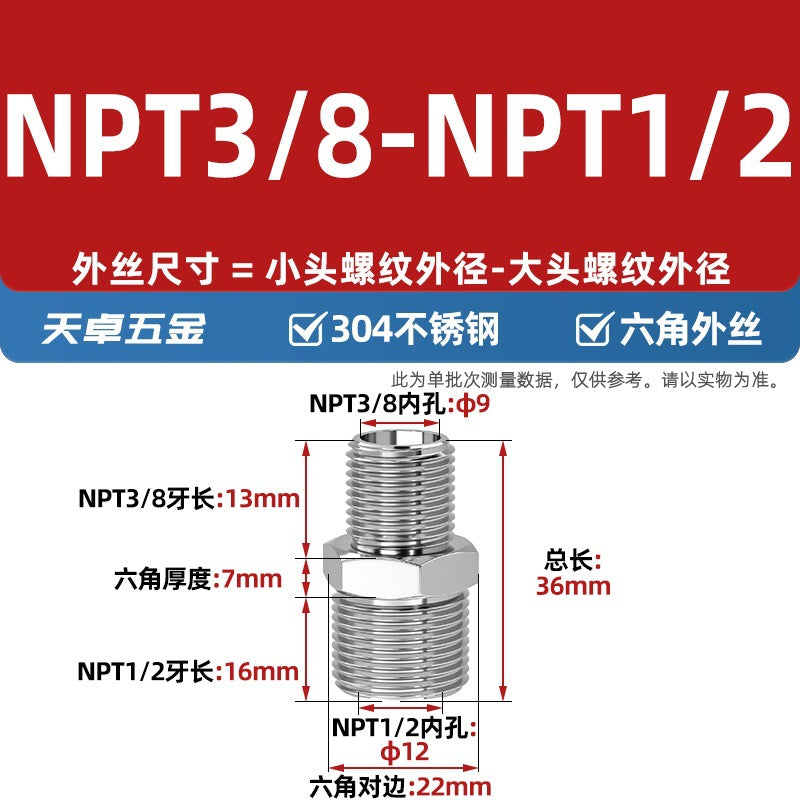 304 stainless steel hexagonal outer wire high pressure thickened direct joint double head external thread variable diameter head 2 points 4 points pair wire