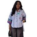 European and american cross-border women's fashion:  summer new arrivals - stylish striped, turn-down collar, printed, loose-fit shirt top