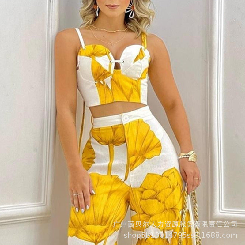 Spot  2023 European and American women's clothing  suspender printing set, trousers, set