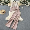 Plus-size slimming two-piece set: age-defying, versatile crew neck color block striped knit top with high-waisted wide-leg pants