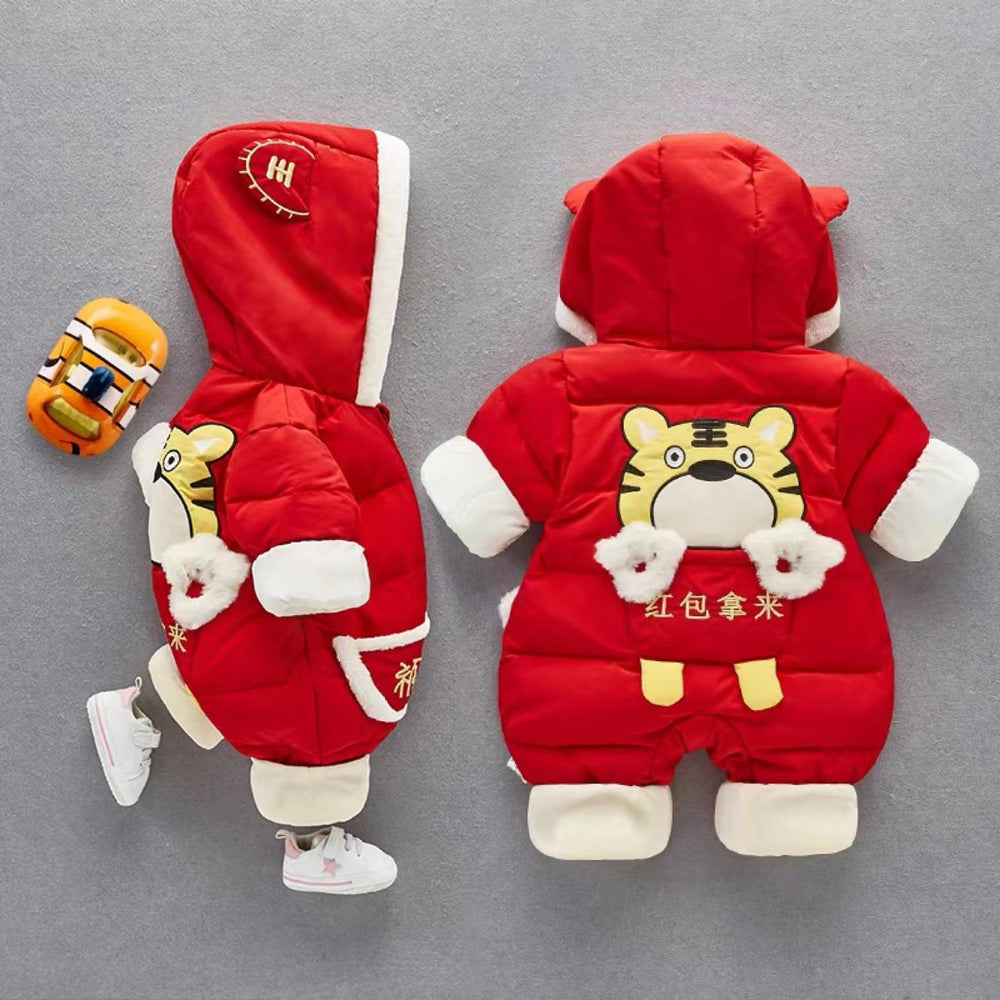 Newborn baby winter chinese style outfit - thickened new year's outfit for boys and girls - festive first birthday warm romper - trendy crawling suit