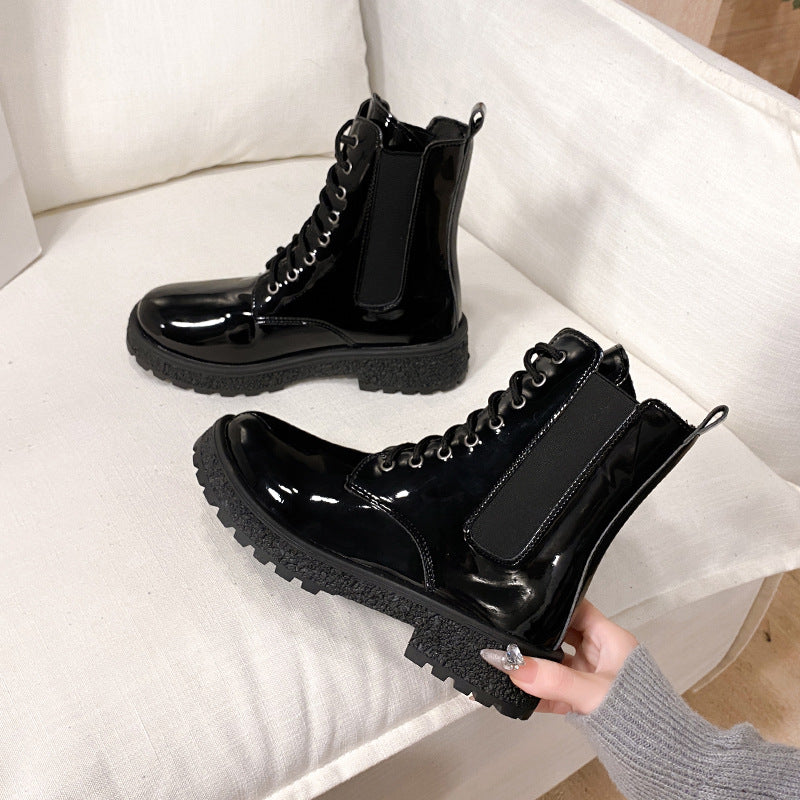 Women's mid-calf chunky heel round toe chelsea boots - 2025 autumn new korean style patent leather women's shoes - comfortable martin boots